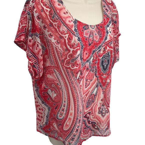 Style & Co Womens Red Chiffon Paisley Print Short Sleeve Blouse Size M - Picture 2 of 8
